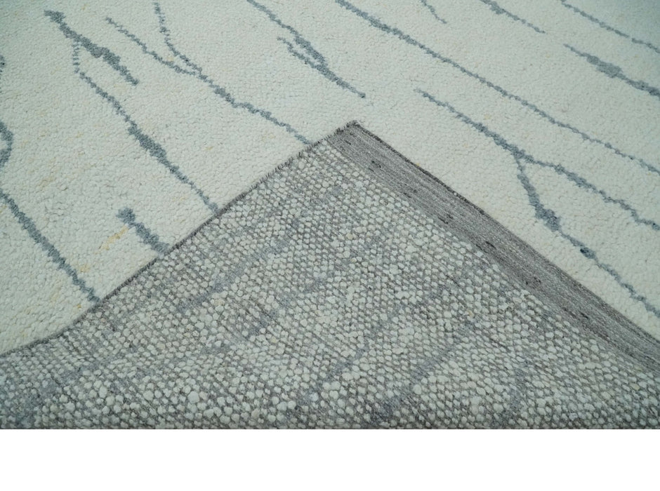 Contemporary Ivory and Gray 8.5x10.2 Stripes Pattern Hand knotted wool area rug