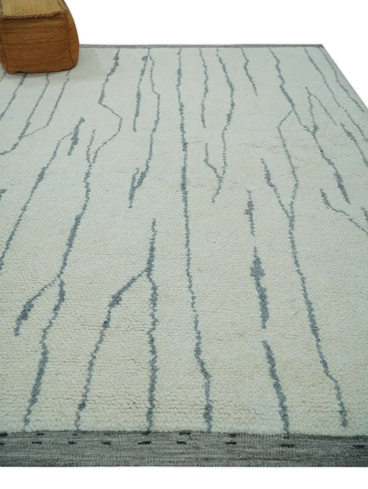 Contemporary Ivory and Gray 8.5x10.2 Stripes Pattern Hand knotted wool area rug