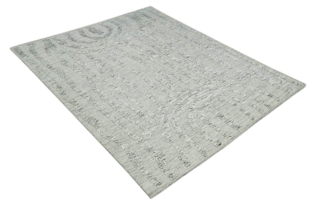 Contemporary Pattern Hand knotted High Low Ivory and Charcoal 8x10 wool Area Rug