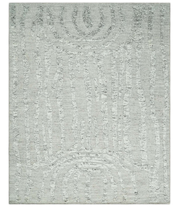 Contemporary Pattern Hand knotted High Low Ivory and Charcoal 8x10 wool Area Rug