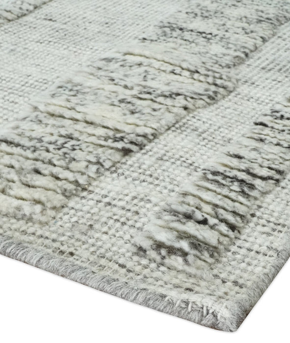 Contemporary Pattern Hand knotted High Low Ivory and Charcoal 8x10 wool Area Rug