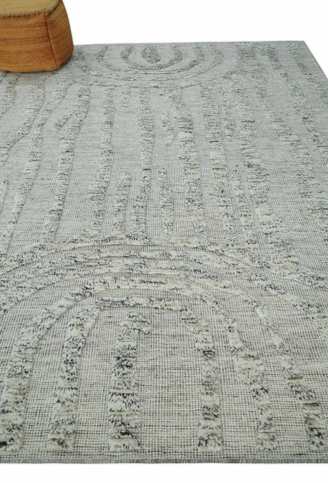 Contemporary Pattern Hand knotted High Low Ivory and Charcoal 8x10 wool Area Rug