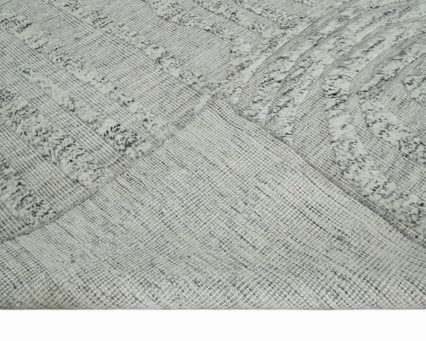 Contemporary Pattern Hand knotted High Low Ivory and Charcoal 8x10 wool Area Rug