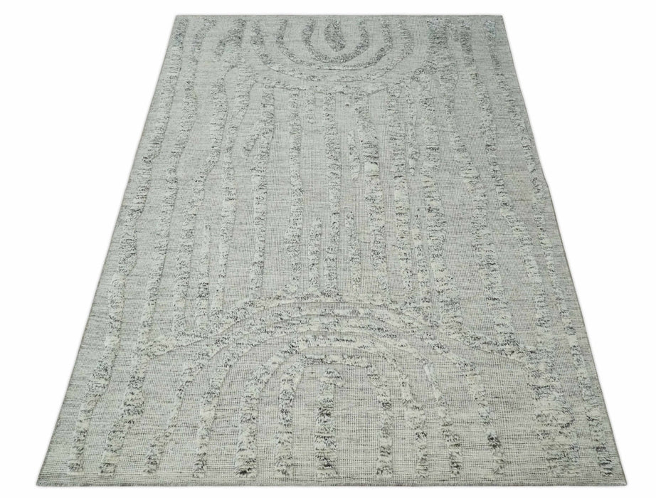 Contemporary Pattern Hand knotted High Low Ivory and Charcoal 8x10 wool Area Rug