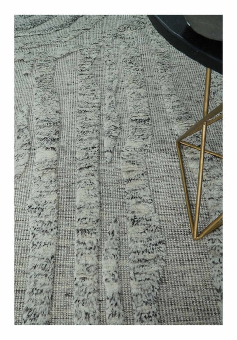 Contemporary Pattern Hand knotted High Low Ivory and Charcoal 8x10 wool Area Rug