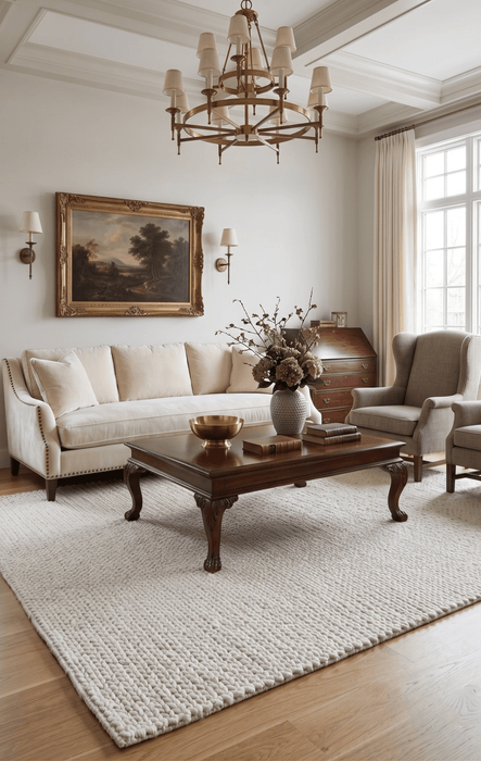 Contemporary Solid Design Ivory Handwoven Wool Area Rug