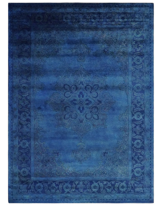 Contemporary Traditional Design Overdyed Wool 8x11 Blue Hand Tufted Wool Area Rug