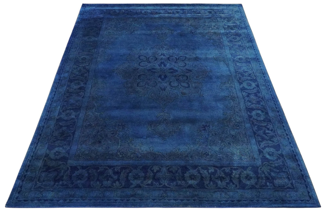 Contemporary Traditional Design Overdyed Wool 8x11 Blue Hand Tufted Wool Area Rug