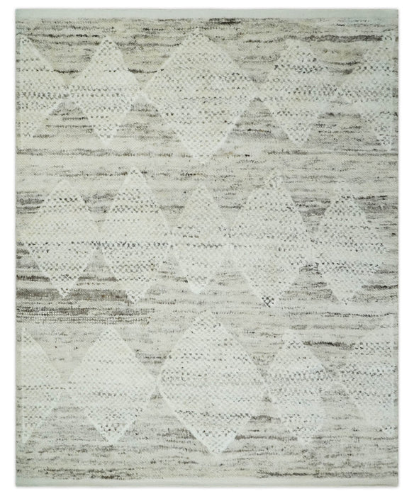 Contemporary Woolen Ivory and Brown 8.4x10.5 hand knotted Geometrical Area rug