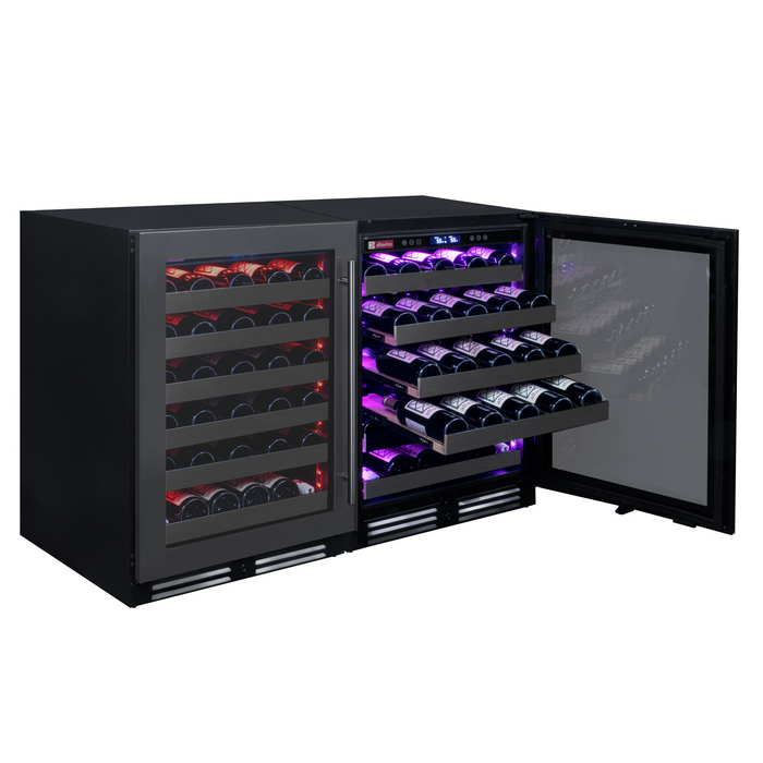 Reserva Series 100 Bottle 34" Tall Three Zone Black Stainless Steel Side-by-Side Wine Cooler Refrigerator
