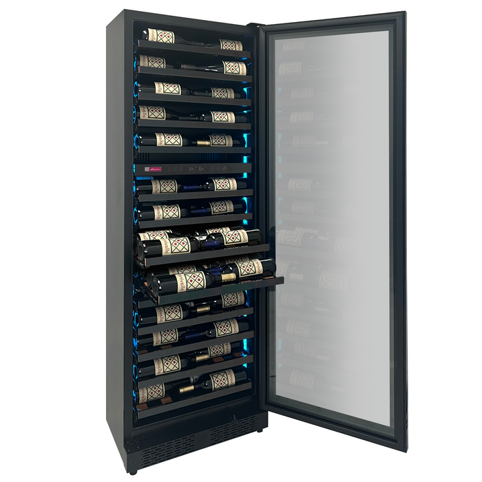 Reserva Series 67 Bottle 71" Tall Dual Zone Right Hinge Black Shallow Wine Refrigerator Console