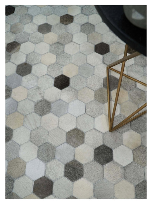 Leather Patchwork Silver and Ivory Leather Modern Geometric Custom Made Rug