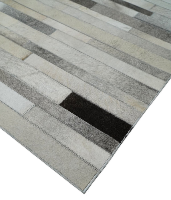 Modern Geometrical Leather Striped Silver and Ivory Leather Custom Made Area Rug