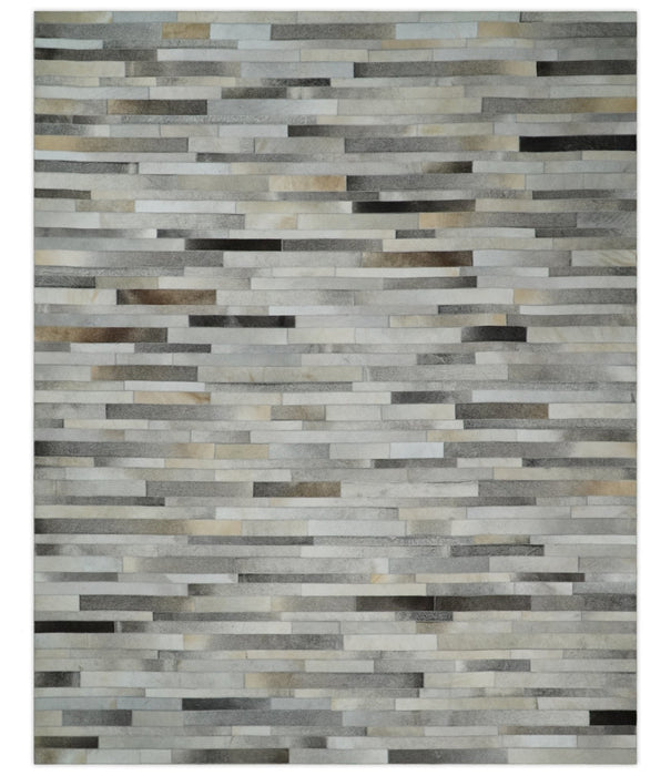 Modern Geometrical Leather Striped Silver and Ivory Leather Custom Made Area Rug