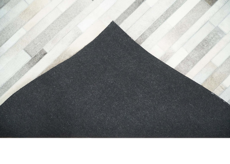 Modern Geometrical Leather Striped Silver and Ivory Leather Custom Made Area Rug