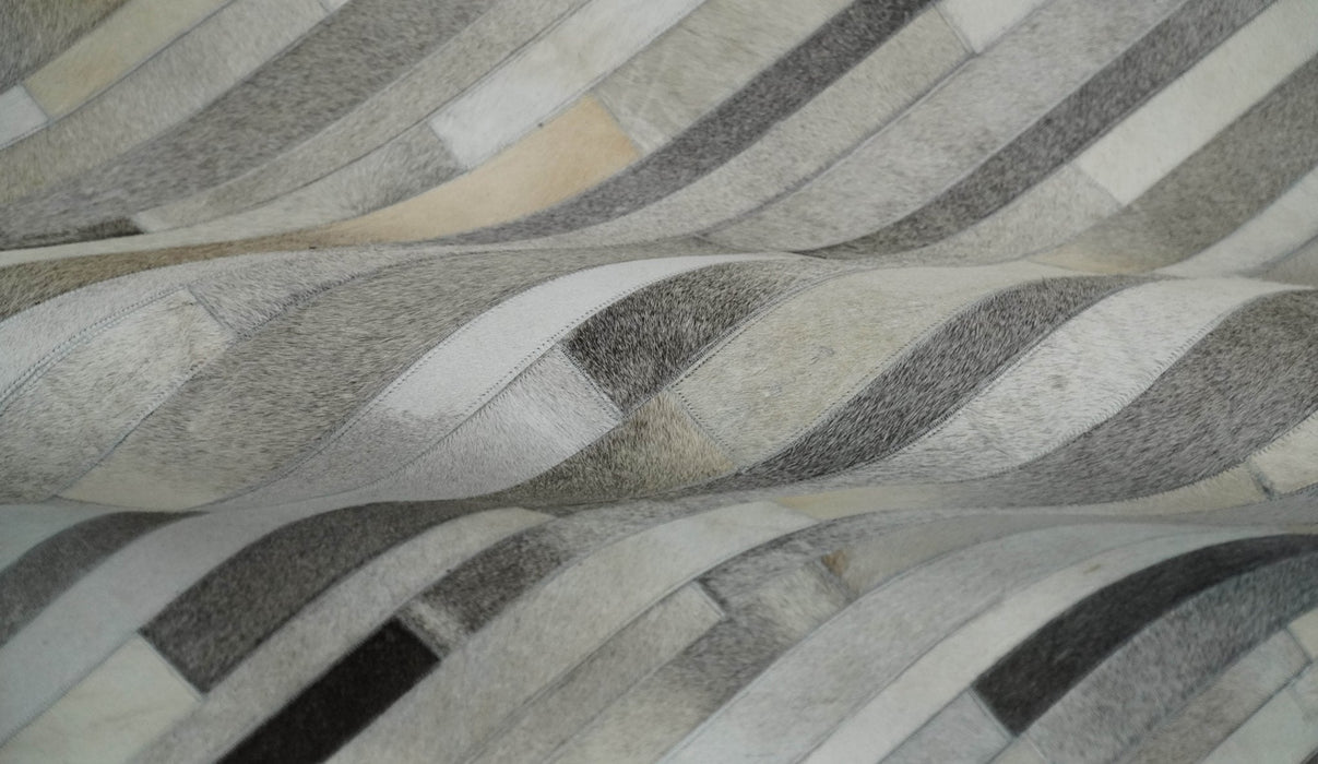 Modern Geometrical Cowhide Leather Striped Silver and Ivory Leather Custom Made Area Rug