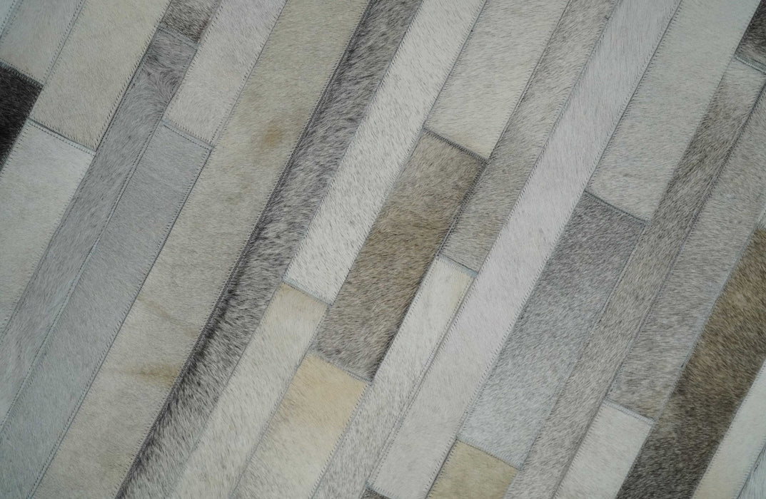 Modern Geometrical Leather Striped Silver and Ivory Leather Custom Made Area Rug