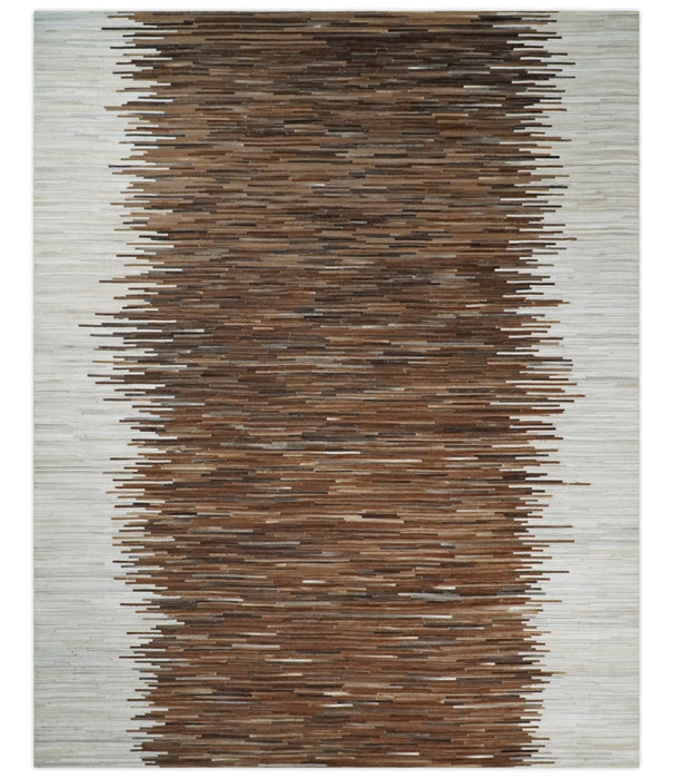Modern Stripes Cowhide Leather Striped Tan Brown and Ivory Leather Multi Size Area Rug