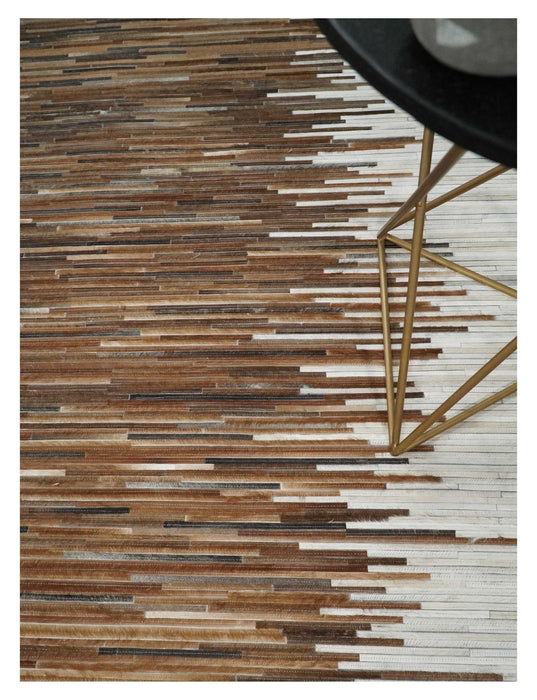 Modern Stripes Cowhide Leather Striped Tan Brown and Ivory Leather Multi Size Area Rug