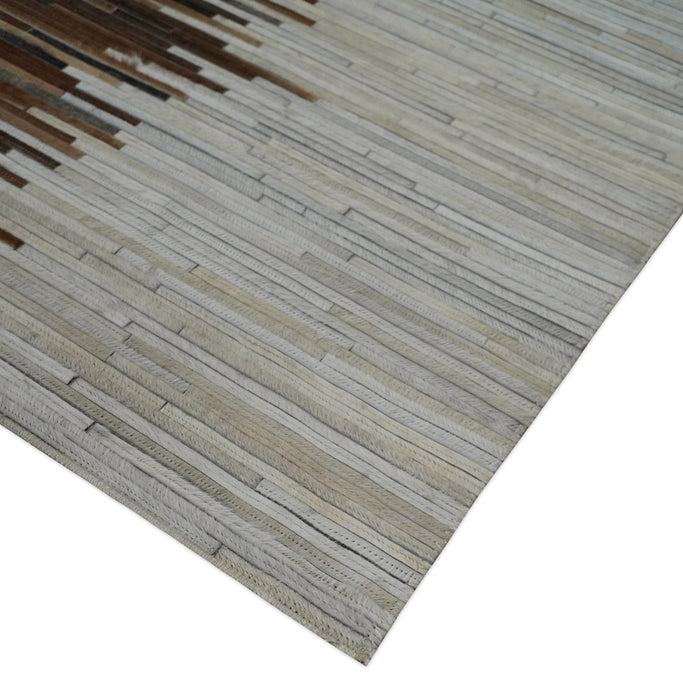 Modern Stripes Cowhide Leather Striped Tan Brown and Ivory Leather Multi Size Area Rug