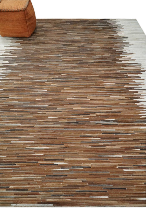 Modern Stripes Cowhide Leather Striped Tan Brown and Ivory Leather Multi Size Area Rug
