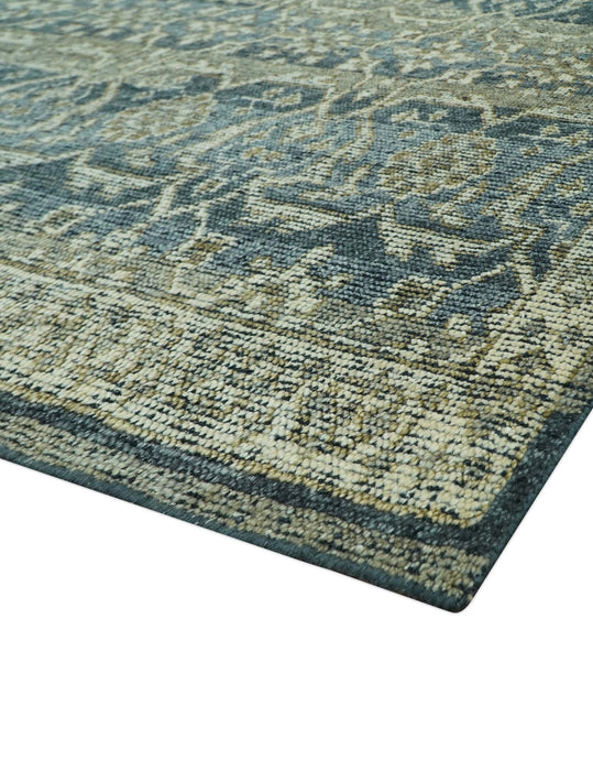Custom Made Antique Charcoal Blue Transitional Hand Knotted Wool Area Rug