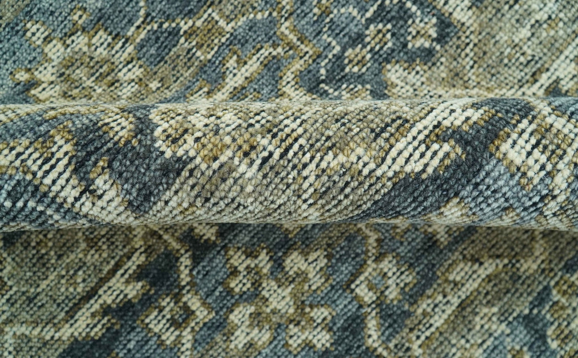 Custom Made Antique Charcoal Blue Transitional Hand Knotted Wool Area Rug
