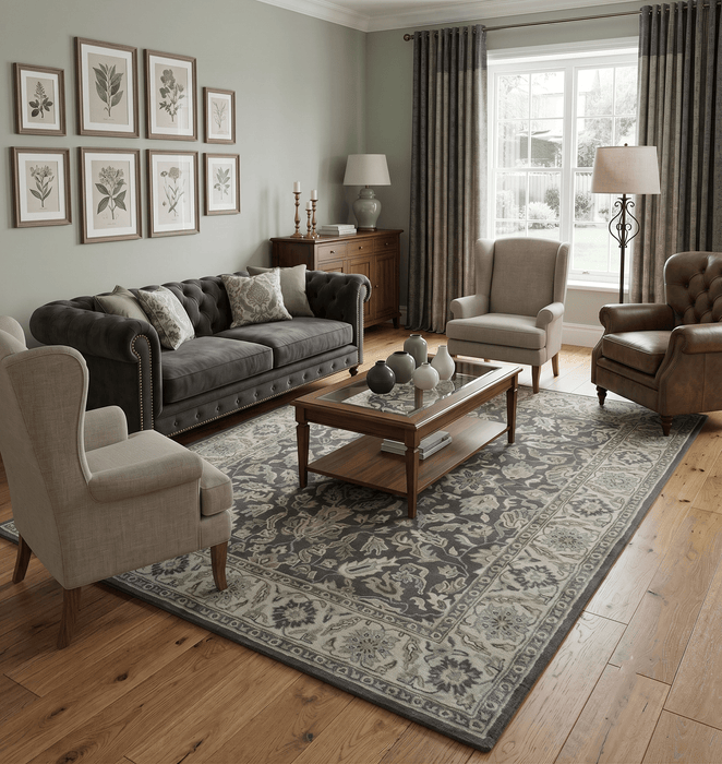 Custom Made Antique Design Charcoal and Beige Traditional Floral Hand Tufted rug