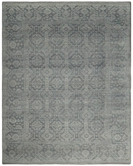 Custom Made Antique Finish Hand knotted Silver and Charcoal Wool Area Rug, Kids, Living Room and Bedroom Rug