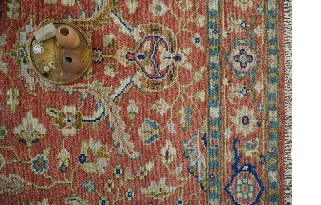 Custom Made Antique Floral Style Rust, Teal, Ivory and Olive Hand Knotted Oriental Oushak Wool Area Rug