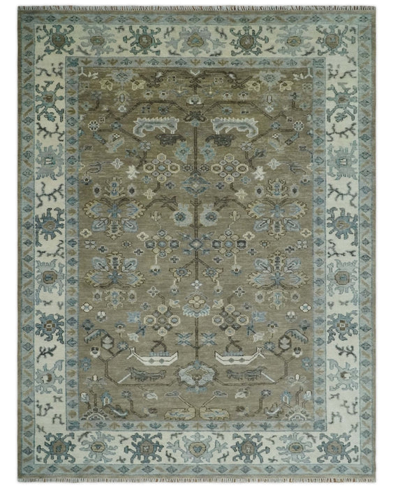 Custom Made Antique look Hand Knotted Beige, Ivory and Silver Oriental Oushak Multi Size Traditional Wool Area Rug