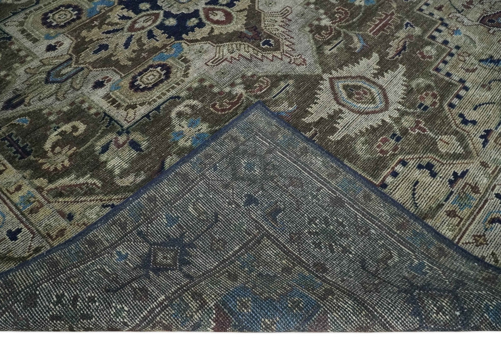 Custom Made Antique Style Brown, Beige and Blue Traditional wool Area Rug