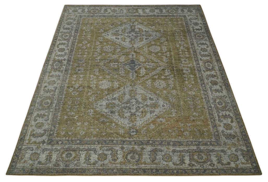 Custom Made Antique Style Hand Knotted Olive, Silver and Charcoal Traditional Wool Area Rug