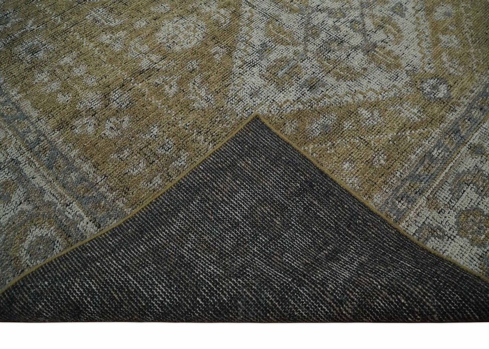Custom Made Antique Style Hand Knotted Olive, Silver and Charcoal Traditional Wool Area Rug