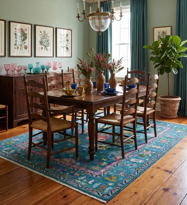 Custom Made Antique Style Hand Knotted Teal and Purple Traditional Oushak Multi Size Wool Rug
