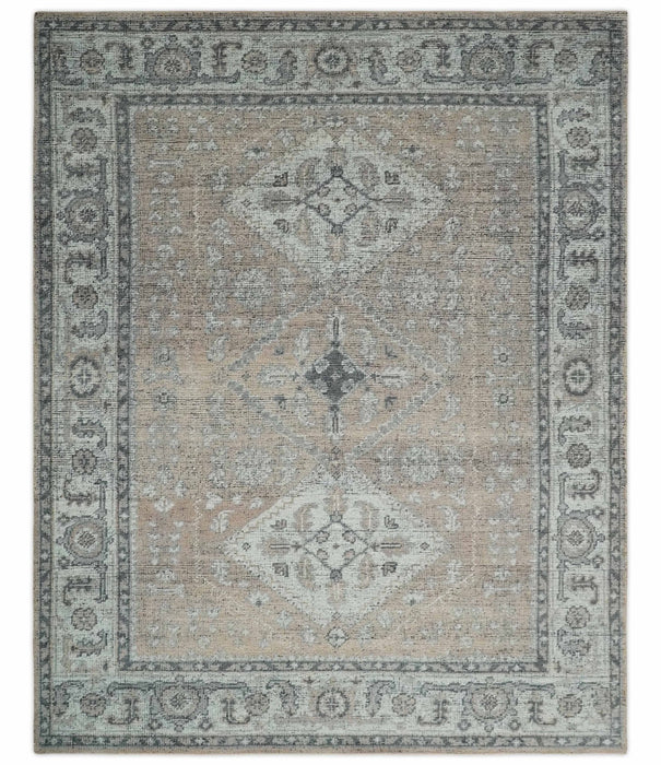 Custom Made Antique Style Peach, Ivory and Charcoal Hand knotted Traditional Wool Rug
