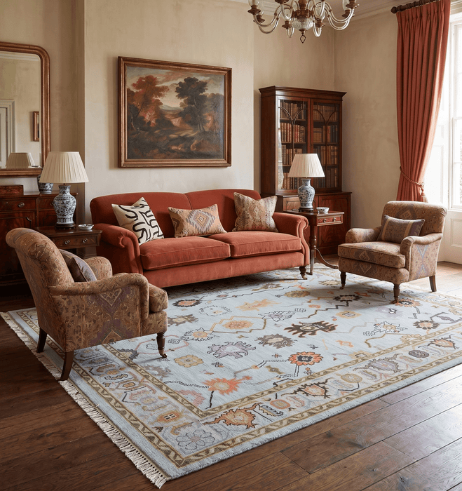Custom Made Aqua and Green Hand knotted Traditional Oushak wool area Rug