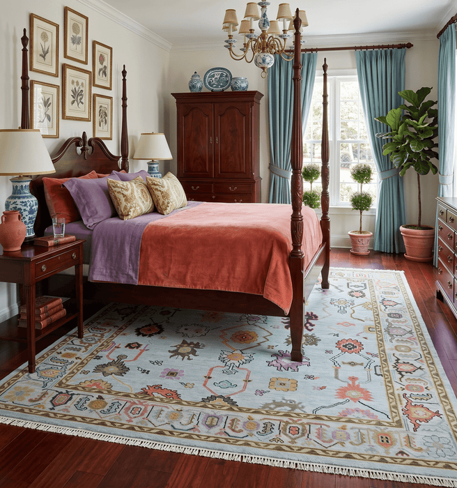 Custom Made Aqua and Green Hand knotted Traditional Oushak wool area Rug
