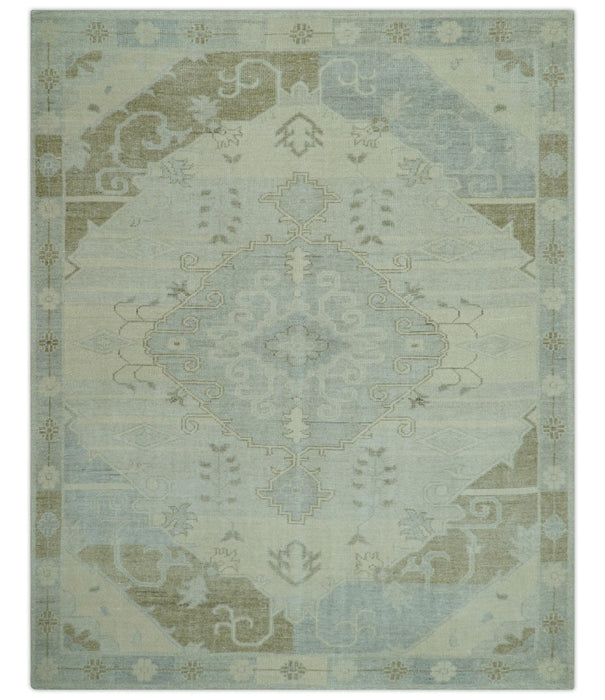 Custom Made Beige And Blue Traditional Turkish Design Hand knotted Wool Rug