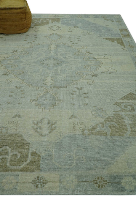 Custom Made Beige And Blue Traditional Turkish Design Hand knotted Wool Rug