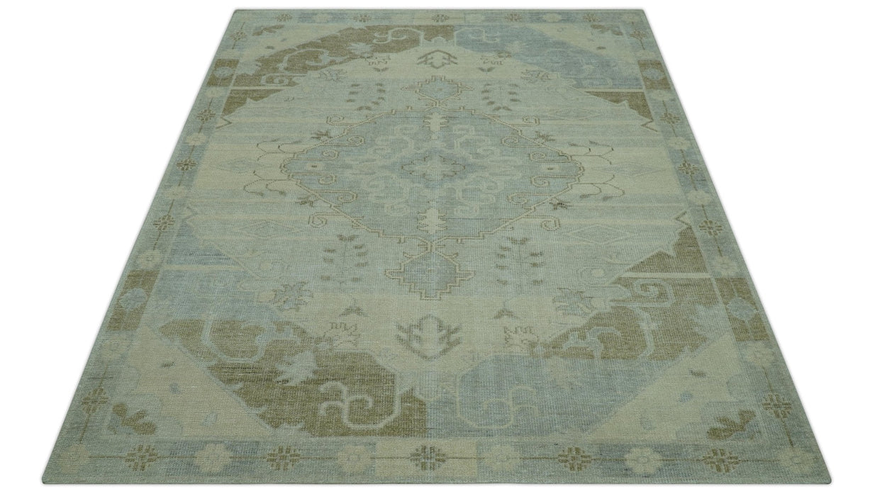 Custom Made Beige And Blue Traditional Turkish Design Hand knotted Wool Rug