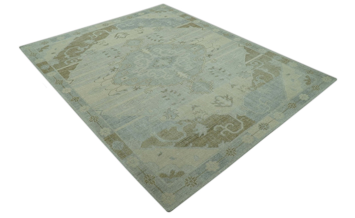 Custom Made Beige And Blue Traditional Turkish Design Hand knotted Wool Rug
