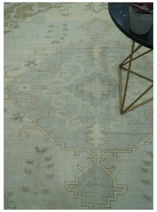 Custom Made Beige And Blue Traditional Turkish Design Hand knotted Wool Rug