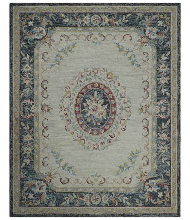 Custom Made Beige and Charcoal Aubusson French design Hand Tufted wool Area Rug