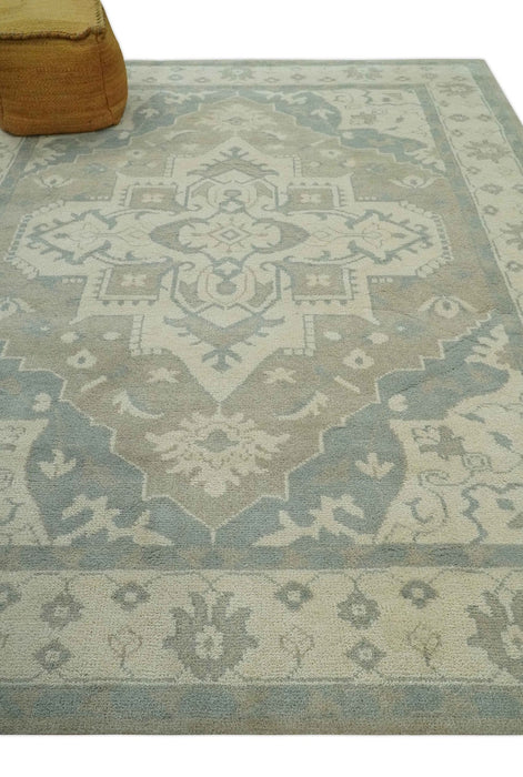 Custom Made Beige and Charcoal Traditional Heriz Medallion Hand Knotted wool Area Rug