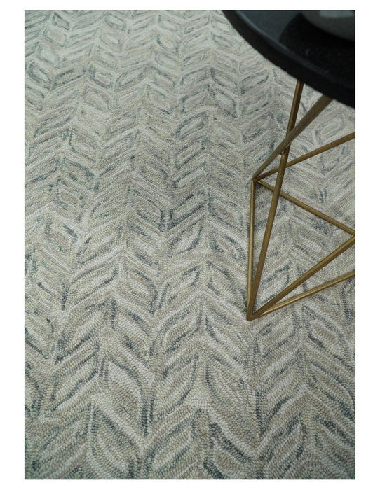 Custom Made Beige and Gray Leaf's Hand Tufted Modern Scandinavian Wool Loop Rug