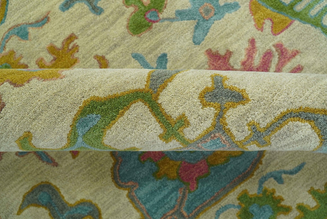 Custom Made Beige And Green Traditional Oushak Design Hand Tufted Wool Rug