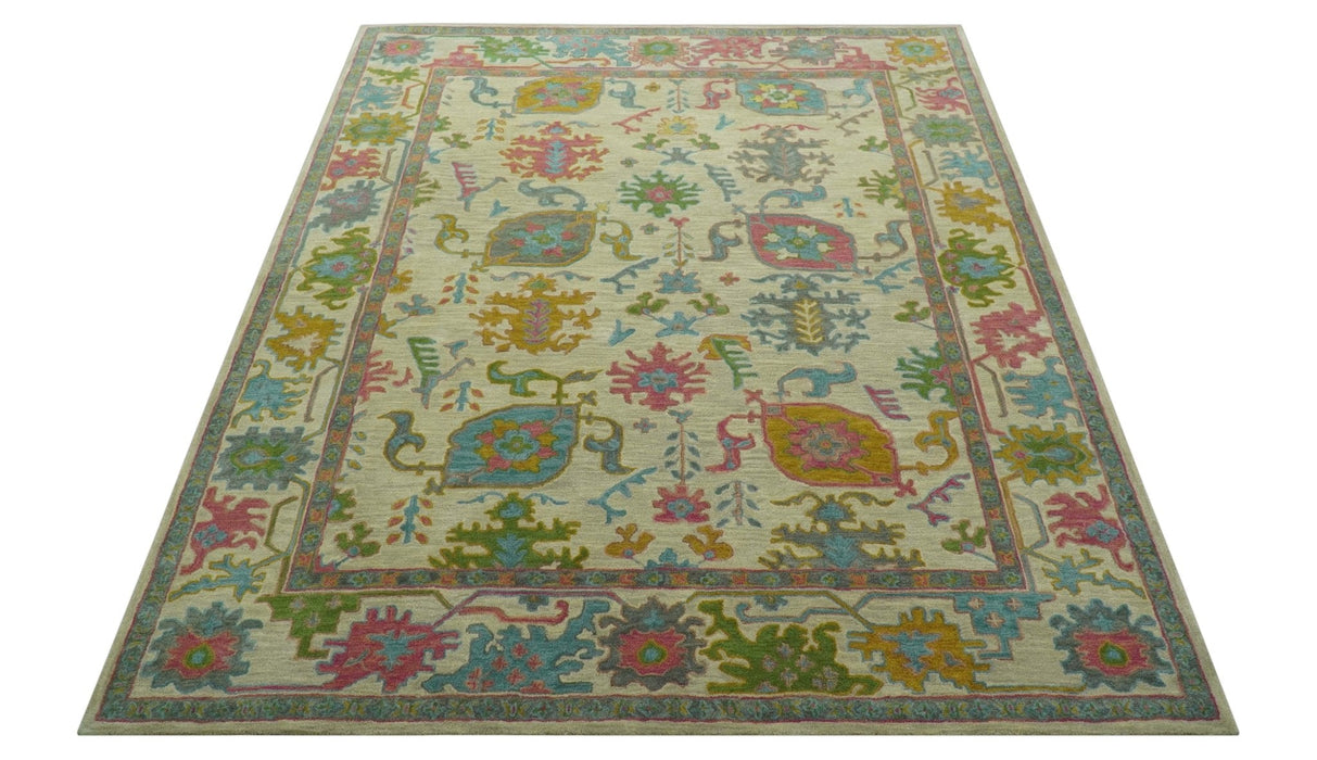 Custom Made Beige And Green Traditional Oushak Design Hand Tufted Wool Rug