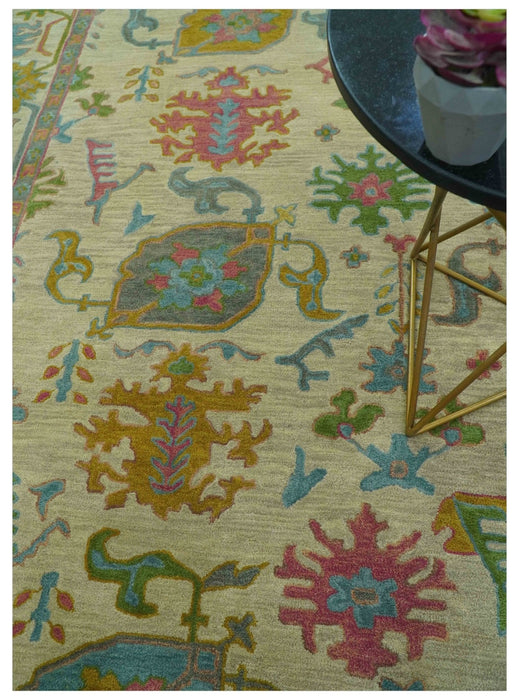 Custom Made Beige And Green Traditional Oushak Design Hand Tufted Wool Rug