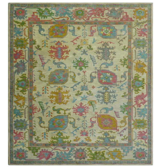 Custom Made Beige And Green Traditional Oushak Design Hand Tufted Wool Rug